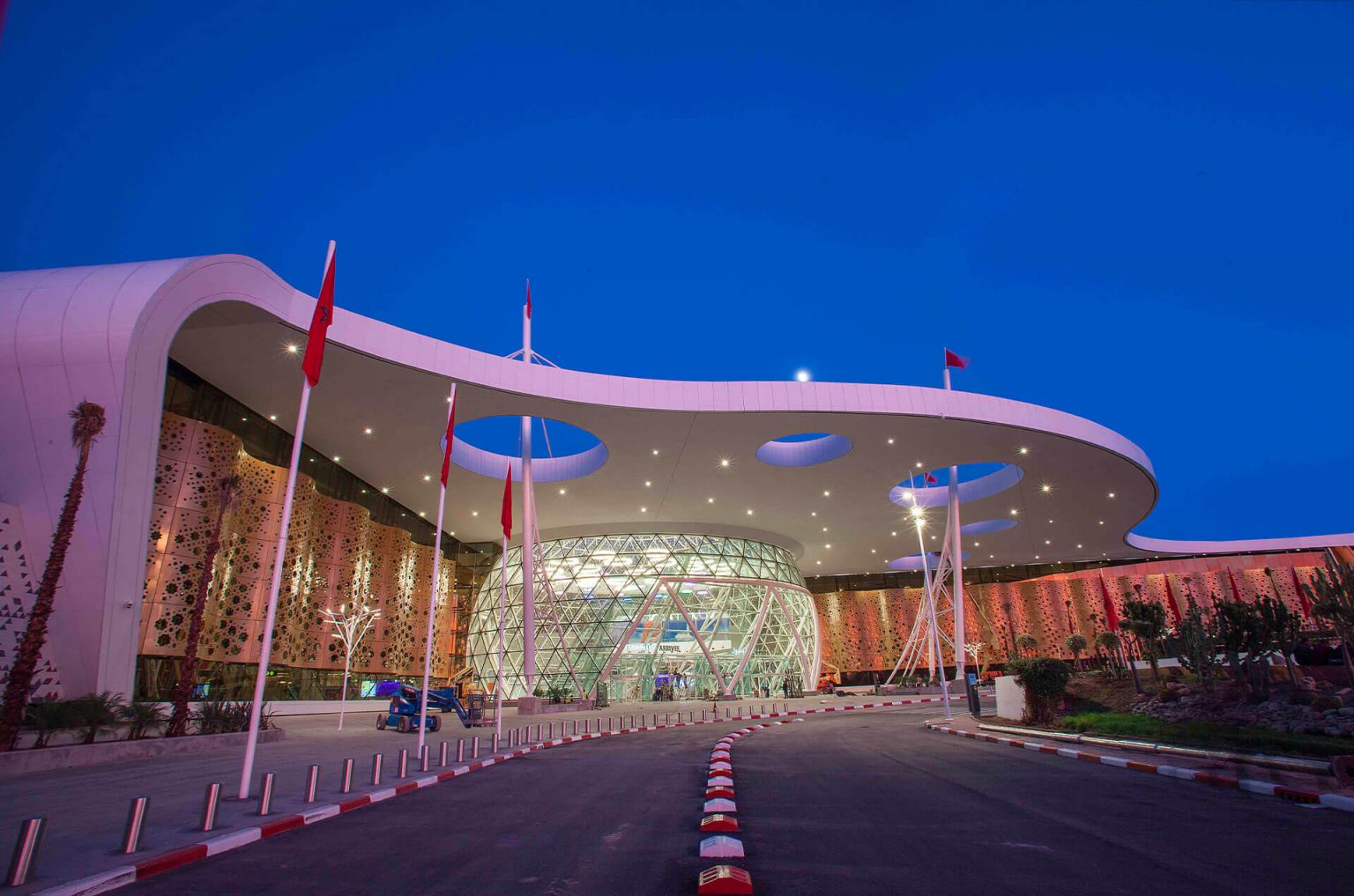 Marrakech Menara Airport terminal at dusk